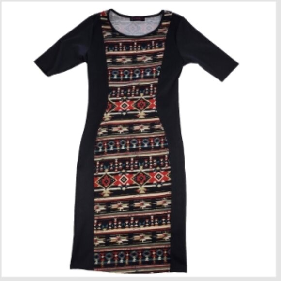 Annabelle Short Sleeve Sheath Dress Size Medium Black Aztec Tribal Print Stretch - Picture 1 of 11